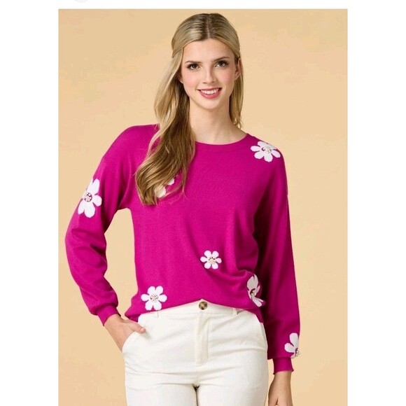 Versona Sweater Pink White Daisy Lightweight Barbiecore Feminine Womens Medium - Picture 10 of 10